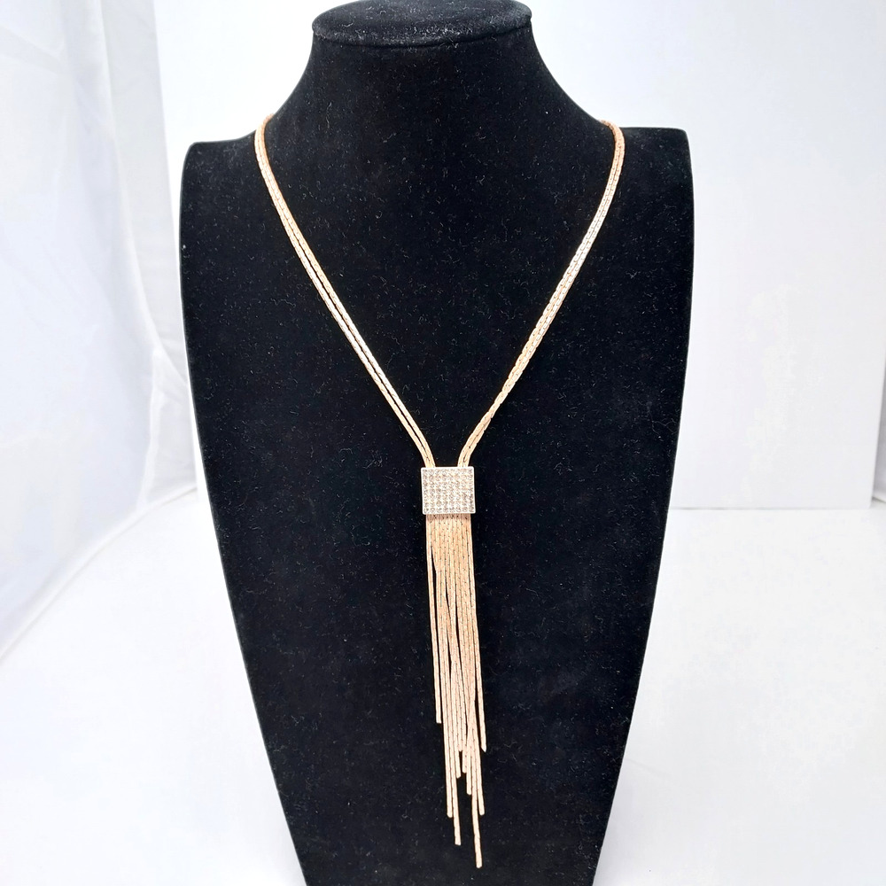 Guess Rose Gold Tone Tassel Pendant Necklace Rhinestone Accents Signed NOS Tag